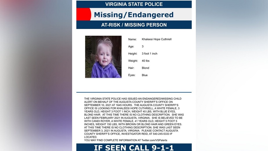 Missing/Endangered child alert issued by Virginia State Police